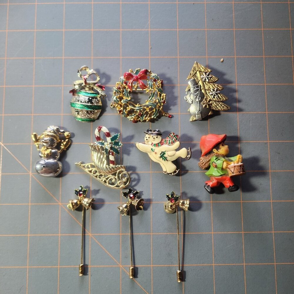 Vintage Christmas Holiday Pin Brooch Lot Enamel Rhinestone Snowman Tree...
